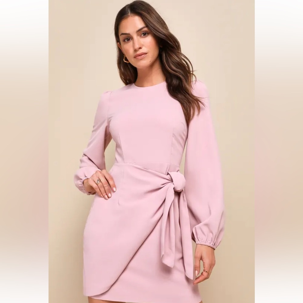 Lulus Rose Pink Long Sleeve Tie-Front Skater Dress